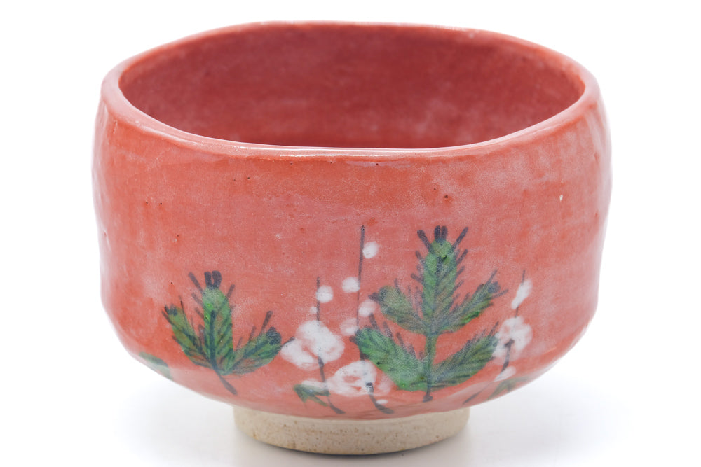 Japanese Matcha Bowl - Floral Red Raku-yaki Chawan - 400ml