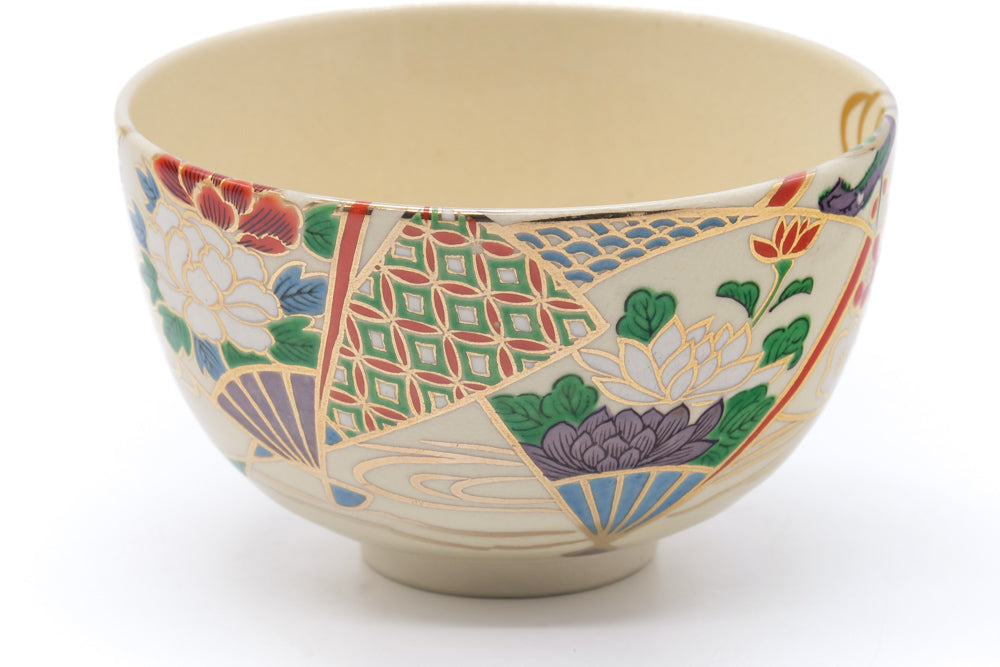 Japanese Matcha Bowl - Beige Green Gold Geometric Floral Kyo-yaki Chawan - 400ml