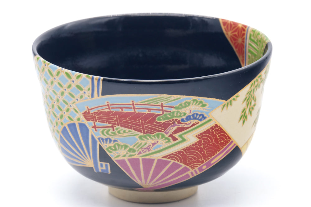 Japanese Matcha Bowl - Black Colourful Cha Sensu Kyo-yaki Chawan - 400ml